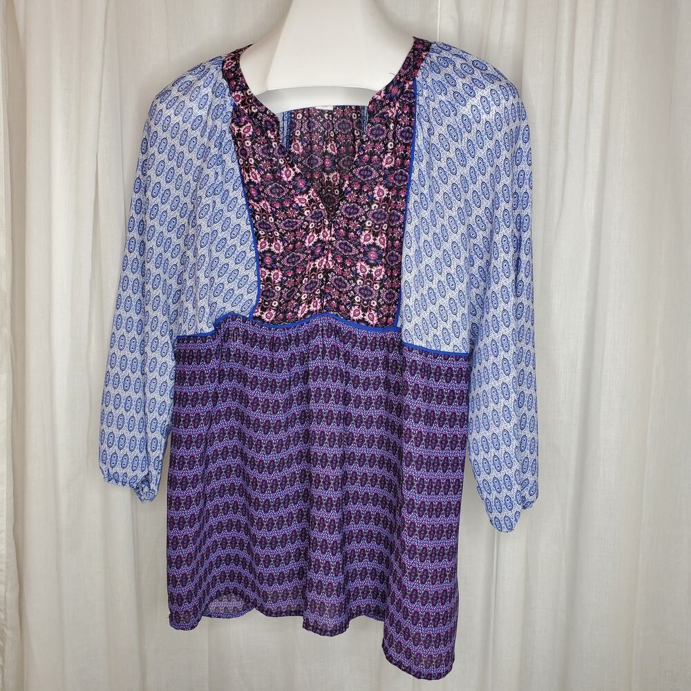 Kenar Pieced Boho Oversized Blue/Pink Pullover w/ Puff Sleeve , XL